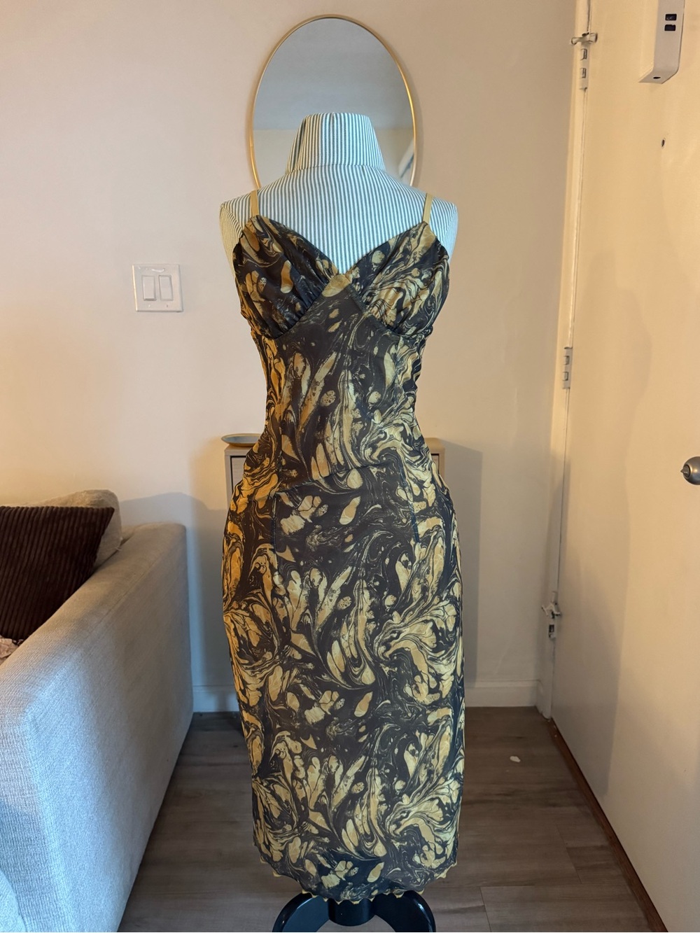 Urban Outfitters Black and Yellow Marble Midi Slip Dress